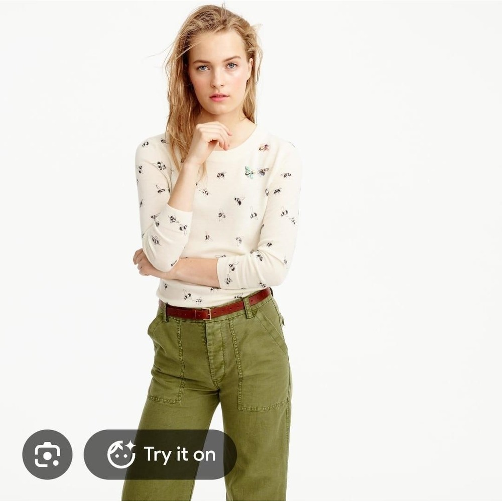 J.Crew Tippi Sweater Ivory Bumblebee Print Embellished Jeweled Bees Small S